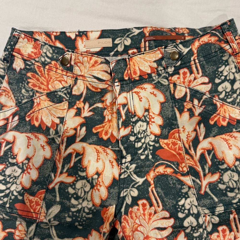 Anthropologie Floral Straight-Leg Pants in Teal & Coral - Picture 2 of 7